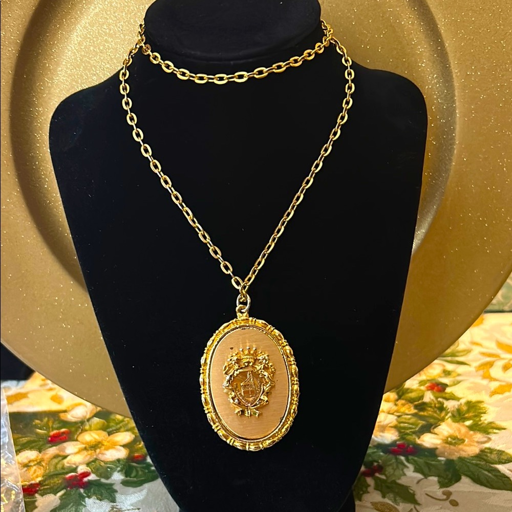Antique Oval Cameo Pendant from Palm Springs; on Long Gold Chain;Lovely & Unique